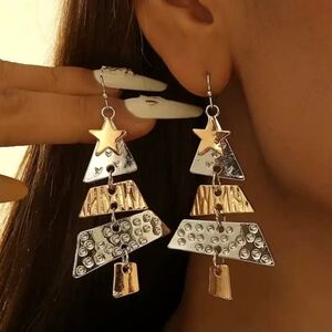 2/$20 Hammered Gold, Silver, Copper Tone Metal Christmas Tree Dangle Earrings
